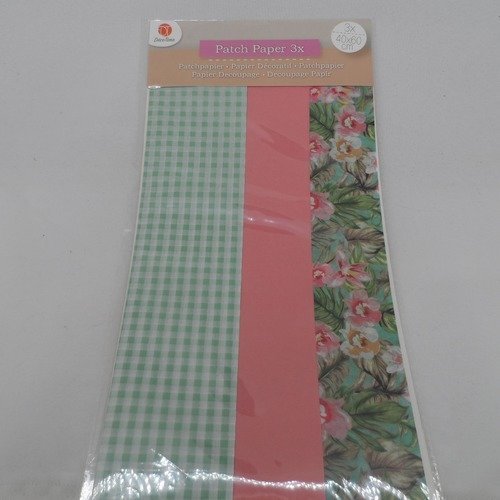 N°166 a lot de 3 feuilles de papier patch   assortis vichy vert, rose uni,  fond vert à fleur