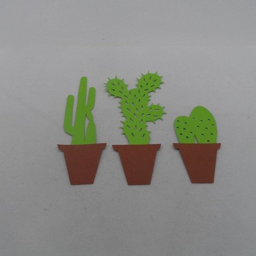 N°1111 lot de 3 cactus différents  en pot  en papier vert et marron    découpage  fin