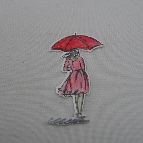N° 1158 découpe d'une dame n°3   au parapluie  avec un tampon encre noir  sur  papier blanc et colorée