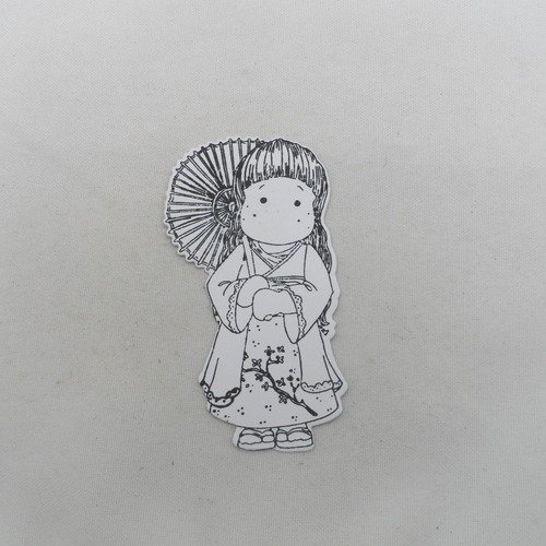 N° 1174 découpe d'une  petite chinoise n°8  avec un tampon encre noir  sur  papier blanc