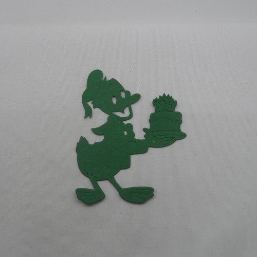 N°1087  canard dessin animé tenant un gâteau en papier  vert   découpage  fin