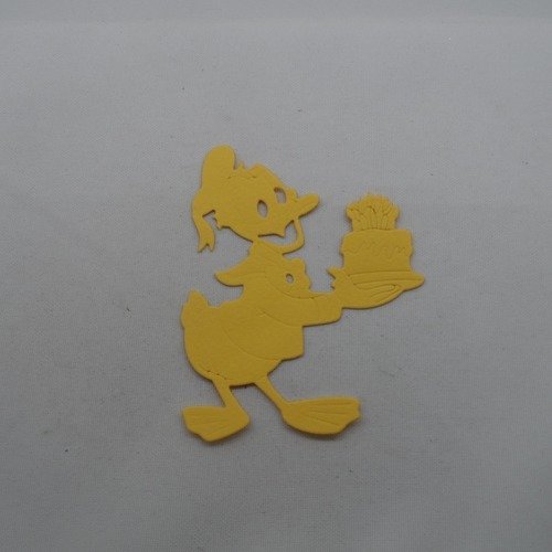 N°1087  canard dessin animé tenant un gâteau en papier  jaune   découpage  fin