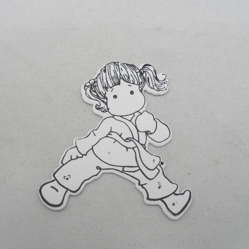 N° 2020 découpe d'une  petite fille judo n°19  avec un tampon encre noir  sur  papier blanc