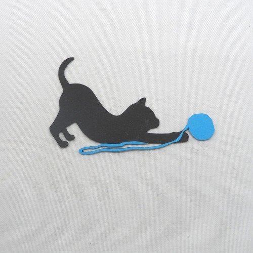 N°1200  chat jouant avec une pelote de laine  en papier  noir et bleu   découpage