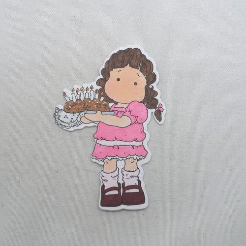 N° 2049 découpe d'une  petite fille au gâteau   n°28  avec un tampon encre noir  sur  papier blanc  et colorée