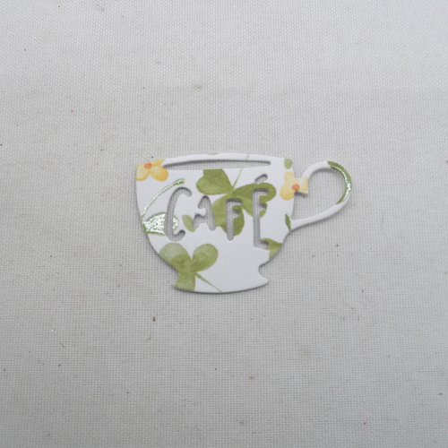 N°328  petite tasse de café en papier fond blanc motif  vert et jaune  découpage