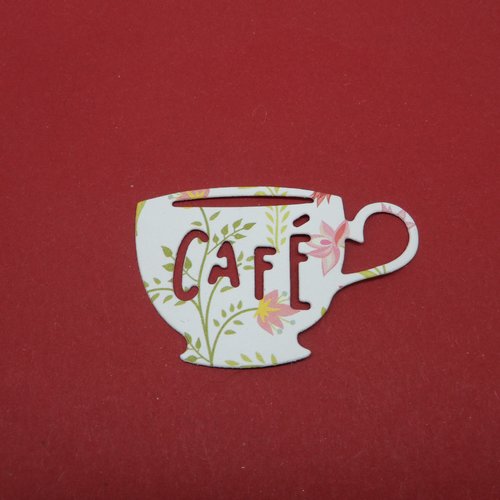 N°328  petite tasse de café en papier fond blanc motif fleur vert et rose  découpage