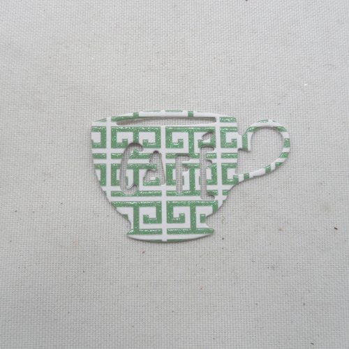 N°328  petite tasse de café en papier fond blanc motifs verts découpage
