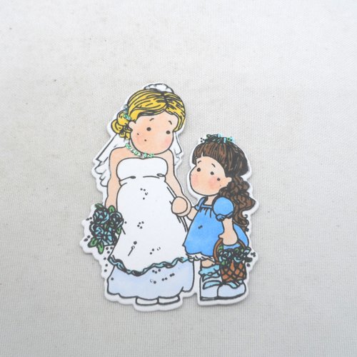 N° 2033 découpe d'une mariée et de demoiselle d'honneur n°2 avec un tampon encre noir  sur  papier blanc  et colorée