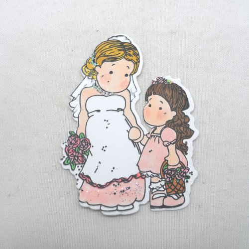 N° 2033 découpe d'une mariée et de demoiselle d'honneur n°2 avec un tampon encre noir  sur  papier blanc  et colorée
