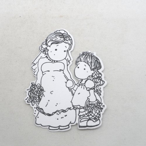 N° 2034 découpe d'une mariée et de demoiselle d'honneur n°2 avec un tampon encre noir  sur  papier blanc