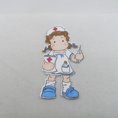 N° 2048 découpe d'une  petite fille infirmière  n°27  avec un tampon encre noir  sur  papier blanc  et colorée