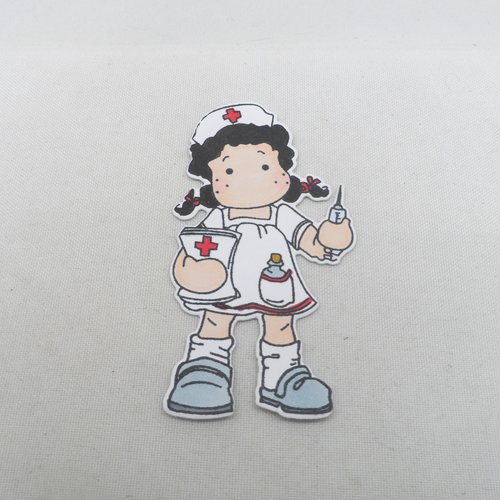 N° 2048 découpe d'une  petite fille infirmière  n°27  avec un tampon encre noir  sur  papier blanc  et colorée
