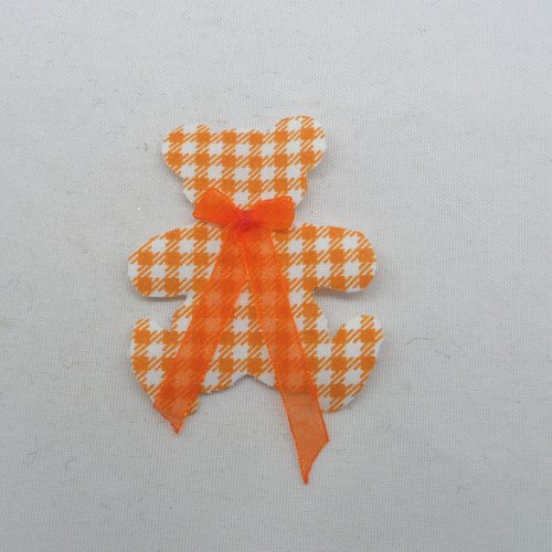 N°2089 animaux ourson sur polyphane en tissu vichy orange et blanc n°1 nœud organza orange