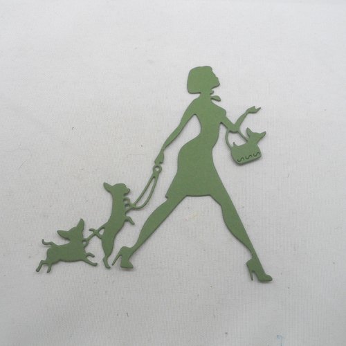 N°850  d'une femme aux trois chiens chihuahua   en papier vert "kaki"  découpage fin 