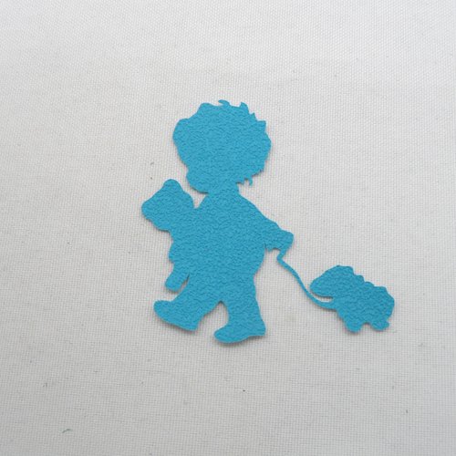N°780   enfant avec ourson et un mouton   en papier tapisserie bleu turquoise   embellissement