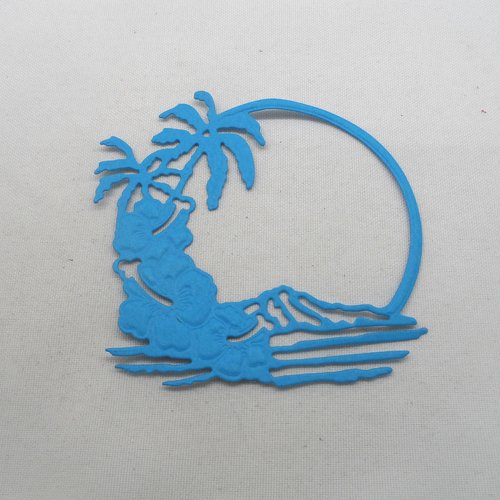 N°1103 cercle île avec fleurs  et palmiers en papier bleu turquoise