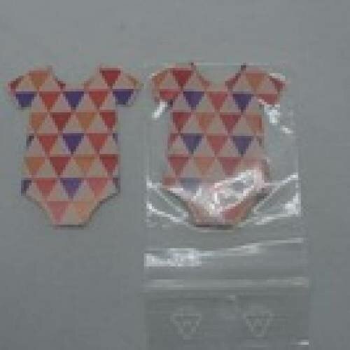 N°20 lot de 5 petits bodys en papier  à triangle orange rouge violet    fond rose  pour  embellissement 