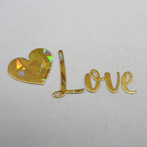 N°1248 mot love (3 morceaux) et un cœur  en papier doré et hologramme découpage fin