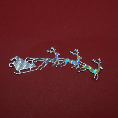N°103 b traîneau du père noël avec trois rennes en papier  argenté hologramme découpage  fin