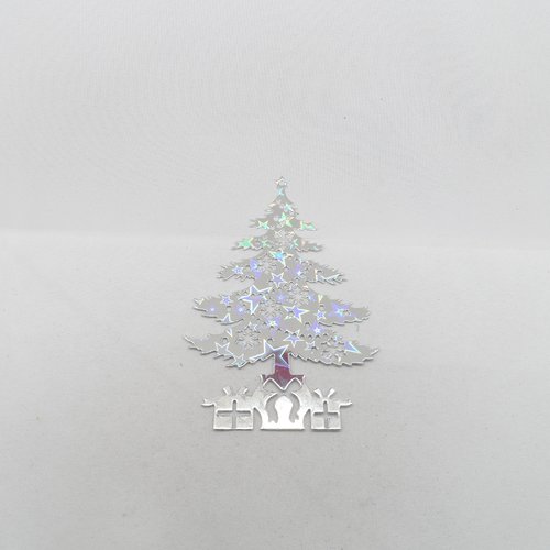 N°906 sapin de noël avec étoile  flocons de neige et cadeaux en papier  argenté hologramme étoile découpage  fin