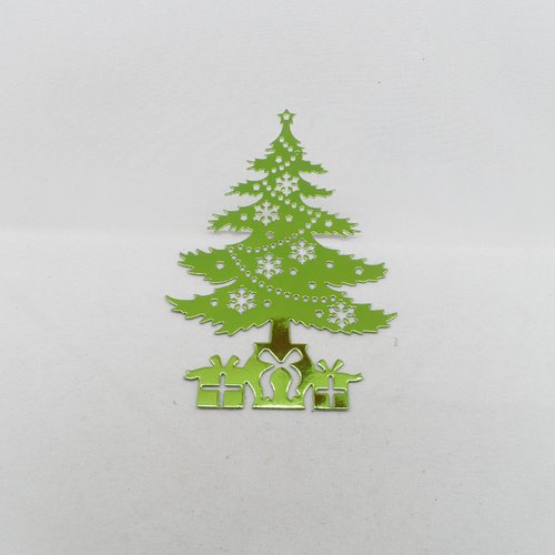 N°906 sapin de noël avec étoile  flocons de neige et cadeaux en papier  vert métallisé a découpage  fin