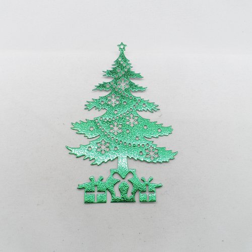 N°906 sapin de noël avec étoile  flocons de neige et cadeaux en papier  vert métallisé b découpage  fin