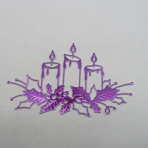 N°106 décoration de  noël  3 bougies et houx  en papier métallisé violet n°2 découpage  fin