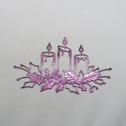 N°106 décoration de  noël  3 bougies et houx  en papier métallisé prune découpage  fin