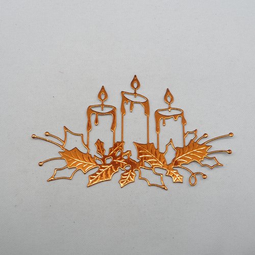 N°106 décoration de  noël  3 bougies et houx  en papier métallisé orange découpage  fin