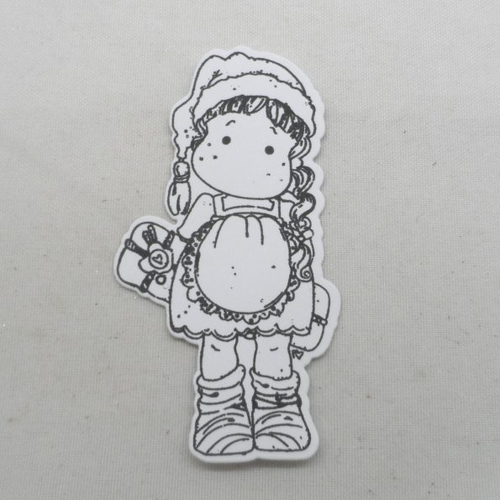 N° 2057 découpe d'une  petite fille  bonnet cadeau  n°30 avec un tampon encre noir  sur  papier blanc