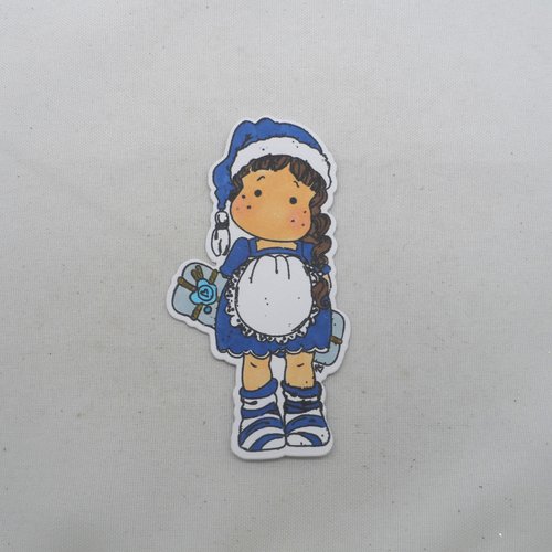 N° 2056 découpe d'une  petite fille  bonnet cadeau  n°30 coloré bleu et blanc  avec un tampon encre noir  sur  papier blanc