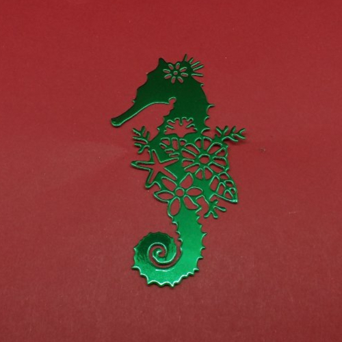 N°1329  hippocampe poisson  avec fleurs en papier vert foncé métallisé  découpage