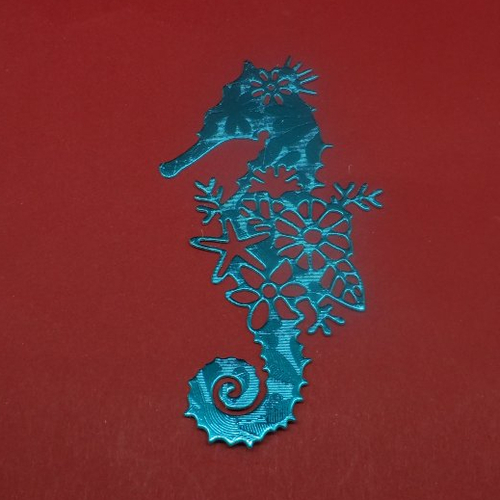 N°1329  hippocampe poisson  avec fleurs en papier bleu turquoise métallisé relief découpage