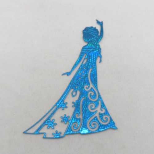 N°1345  jolie reine des neiges  en papier  bleu turquoise métallisé hologramme  découpage  fin