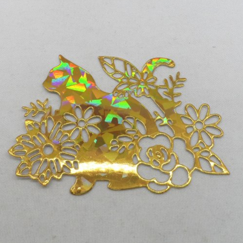 N°1334 chat  avec fleurs en papier doré hologramme  découpage