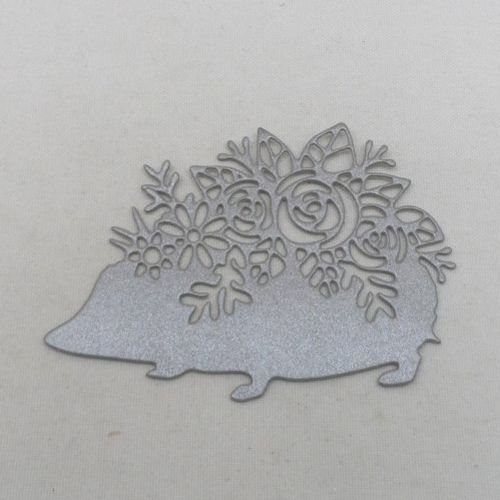 N°1338   joli petit hérisson avec une fleur   en papier gris irisé