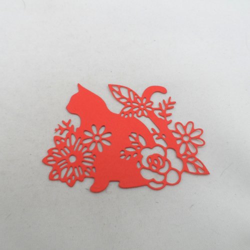 N°1334 chat  avec fleurs en papier orange rouge   découpage
