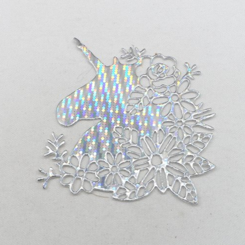 N°1328 tête de  licorne avec des fleurs en papier  argenté métallisé hologramme