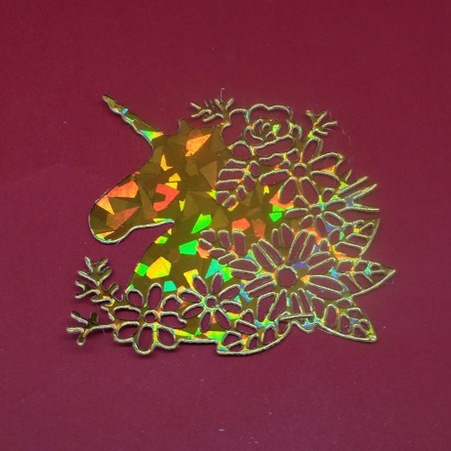 N°1328 tête de  licorne avec des fleurs en papier  doré métallisé hologramme