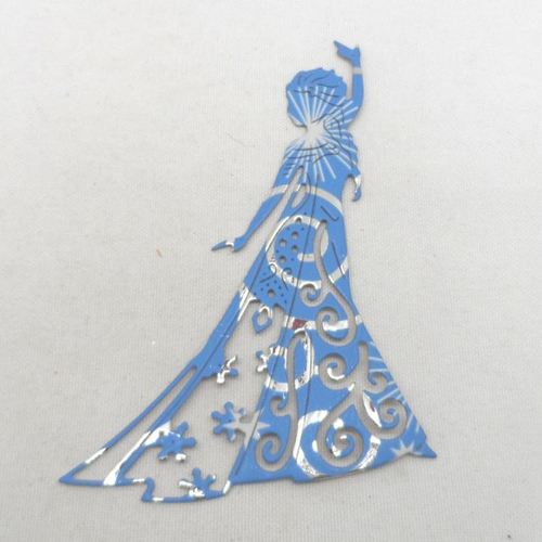 N°1345  jolie reine des neiges  en papier fond  bleu avec des motifs argentés blancs   découpage  fin