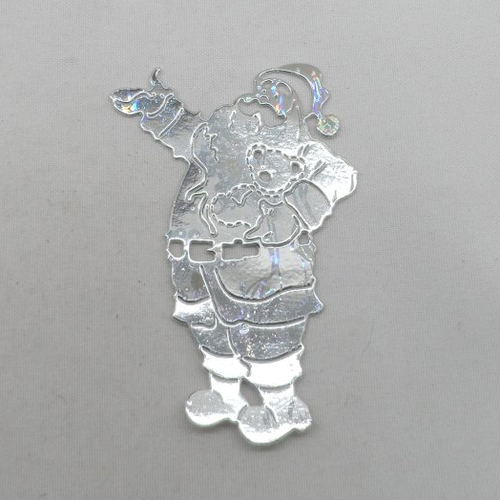 N°709 père noël tenant un ours  n°2  en papier argenté métallisé hologramme découpage  fin