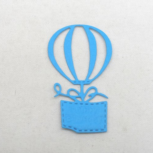 N°1358 petite montgolfière happy birthday  en papier bleu turquoise  découpage fin et gaufrage
