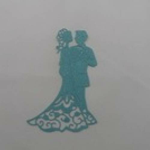 N°21  d'un couple thème mariage  en papier tapisserie bleu turquoise à paillette  découpage fin