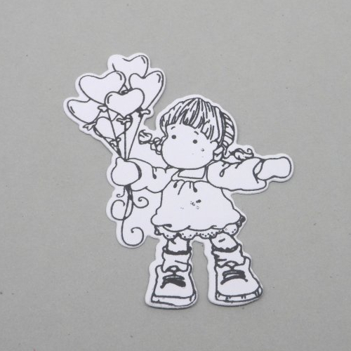 N° 2042 découpe d'une  petite fille ballons cœurs  n°25  avec un tampon encre noir  sur  papier blanc