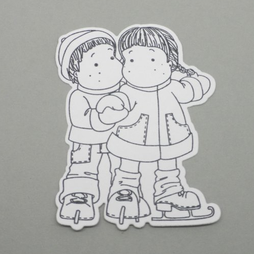 N° 2038 découpe d'un couple d'enfant patinant n°4 avec un tampon encre noir  sur  papier blanc