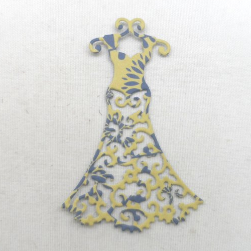 N°137 petite robe sur cintre  en papier  fond ocre à motif bleu marine découpage fin