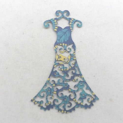 N°137 petite robe sur cintre  en papier  ocre  bleu marine vert découpage fin