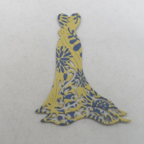 N°25 d'une petite robe élégante en papier  fond ocre  avec des motifs bleu marine  "double face"
