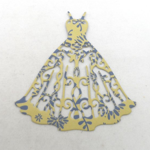 N°26 d'une petite robe à bretelle en papier fond ocre à motifs bleu marine   découpage fin